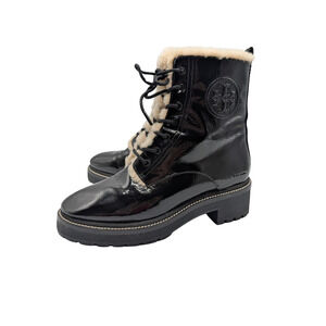 Tory Burch Miller Black Patent Shearling Combat Boots Size 8
